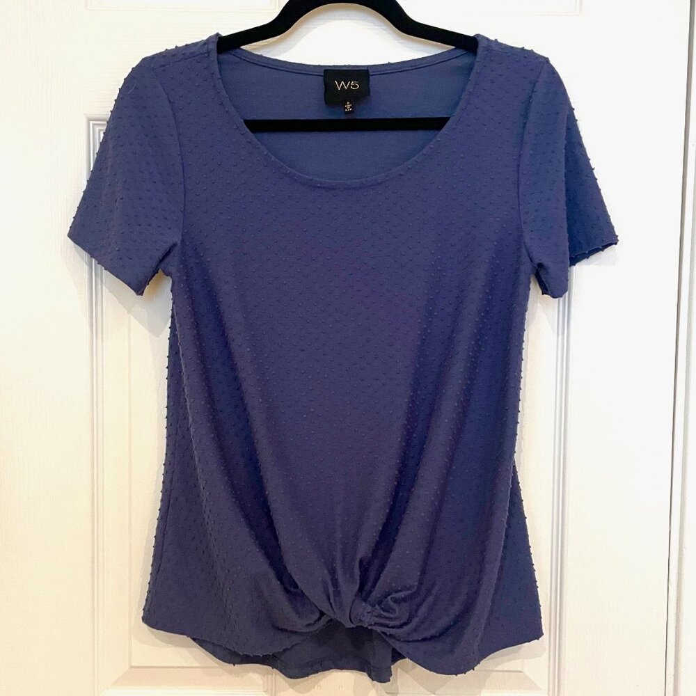 Anthropologie W5 Blue Textured Swiss Dot Twist Front Short Sleeve Top - Small
